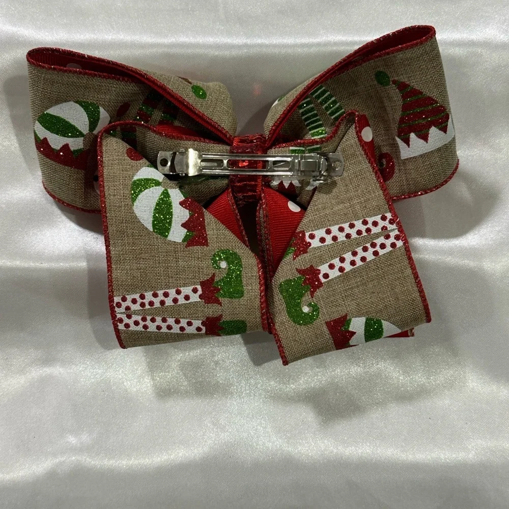 Holiday Elf Print Red & Tan Hair Bow. Bundle 2+ for savings on shipping costs